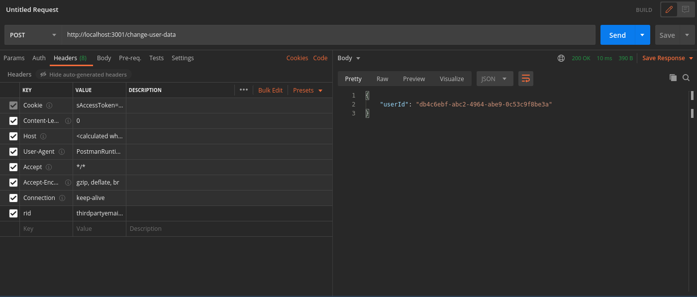 Request to change user data in postman